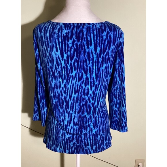 Carmen Marc Valvo Size L Blue Teal Animal Leopard Print 3/4 Sleeve Pullover Top - Picture 4 of 7